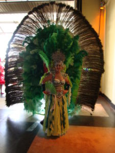 mulher vestida com fantasia de carnaval cor verde com costeiro de plumas de faizao e avestruz